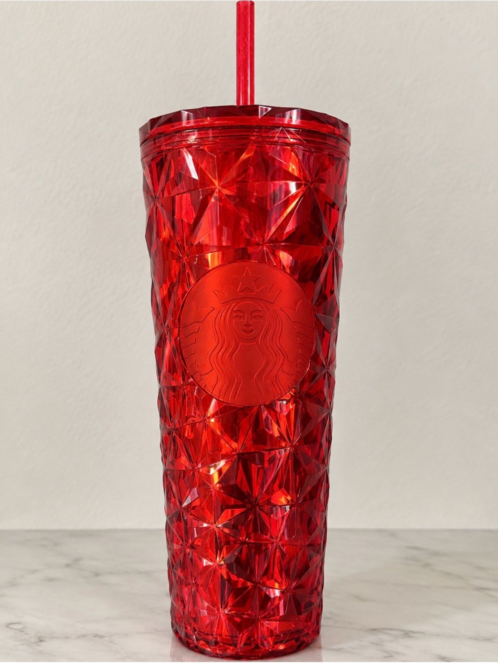 Starbucks Red Faceted Reusable Cold Cup with Straw